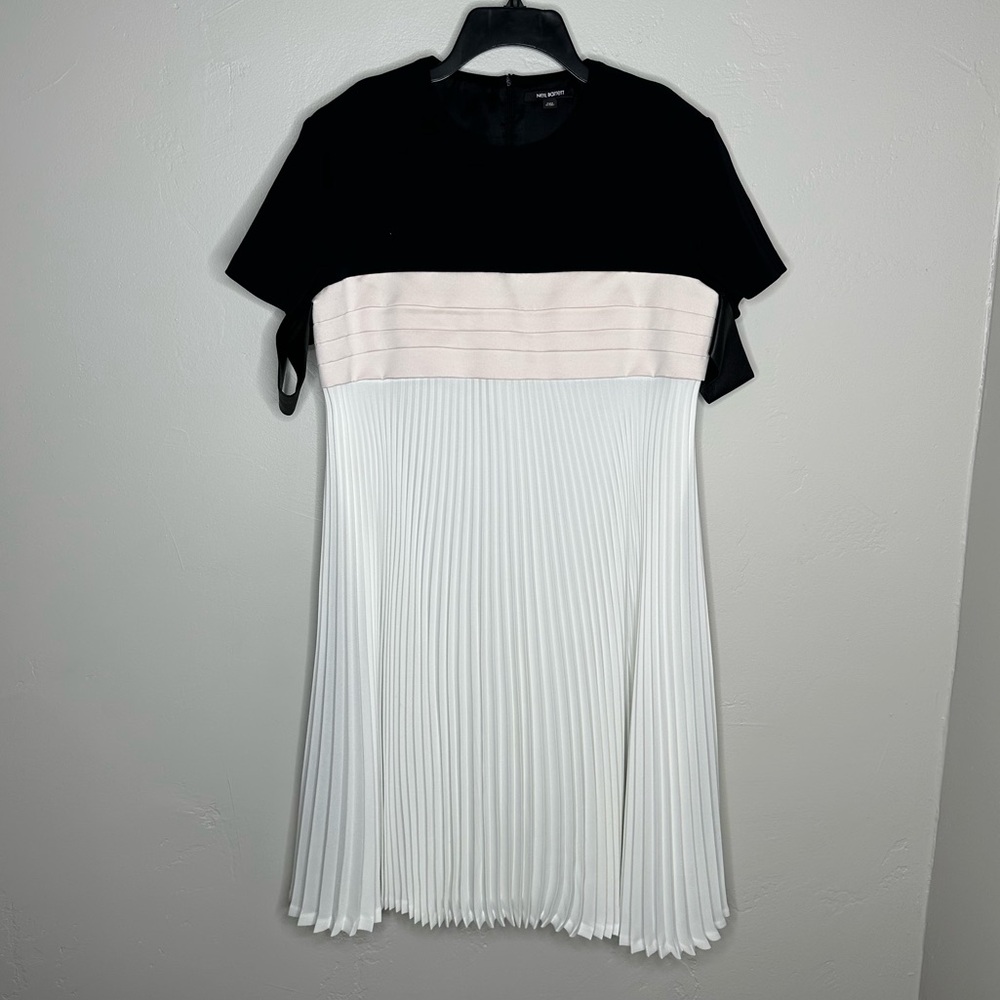Neil Barrett Black and White Pleated Mini Dress with Leather Trim